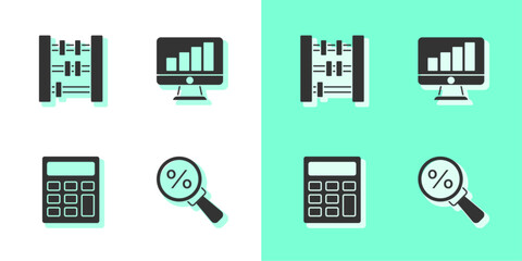 Wall Mural - Set Magnifying glass with percent, Abacus, Calculator and Computer monitor graph chart icon. Vector