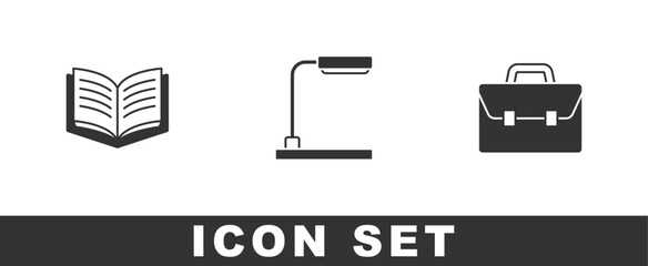 Poster - Set Open book, Table lamp and Briefcase icon. Vector