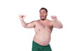© vladorlov - Funny fat man on a diet. White background.