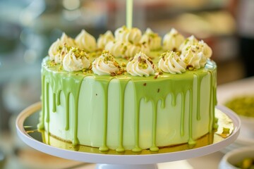 Poster - Elegant pistachio-flavored drip cake decorated with whipped cream and nut sprinkles on a white cake stand