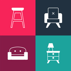 Poster - Set pop art Nightstand with lamp, Armchair, and Chair icon. Vector
