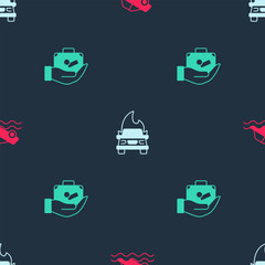 Wall Mural - Set Flood car, Burning and Travel suitcase hand on seamless pattern. Vector