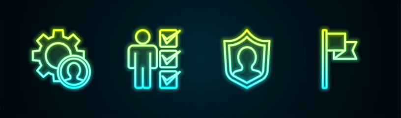 Poster - Set line Head hunting, User of man business suit, protection and Location marker. Glowing neon icon. Vector