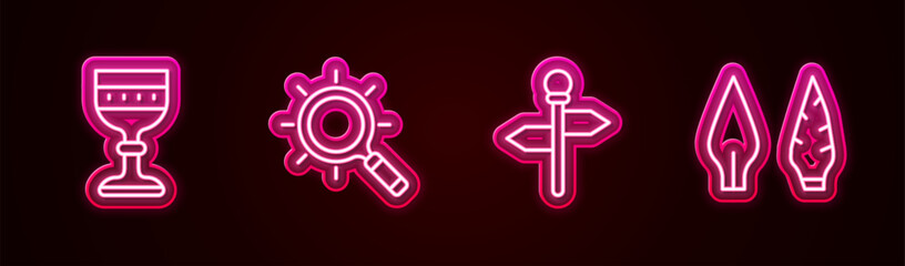 Sticker - Set line Medieval goblet, Magnifying glass, Road traffic signpost and Stone age arrow head. Glowing neon icon. Vector