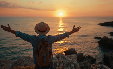 Wall Mural - Back view of a happy traveler man with a backpack and hat raising arms enjoying the sunset on the beach - standing with hands up looking sunrise - Self-care, wellness and healthy lifestyle concept