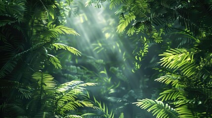 Wall Mural - Stunning foliage of ferns in a natural floral background illuminated by sunlight