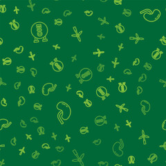 Poster - Set line Bio healthy food, Human kidney and Wind turbine on seamless pattern. Vector