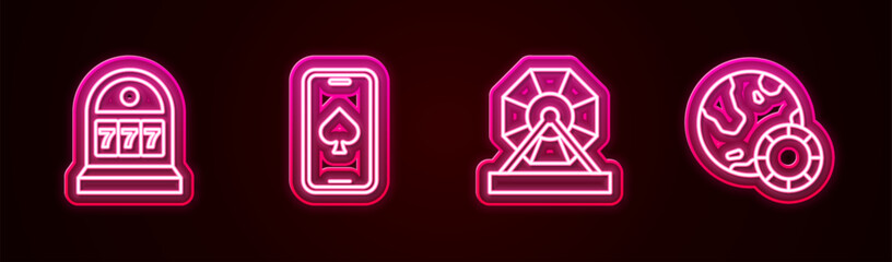 Sticker - Set line Slot machine with jackpot, Online poker table game, Lottery and Casino chips. Glowing neon icon. Vector