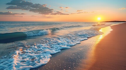 A serene beach with gentle waves and a setting sun casting a warm glow. 