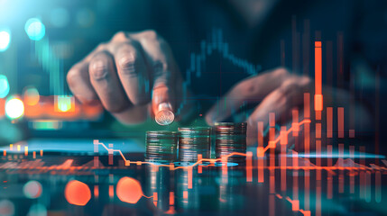 Wall Mural - A business person counting coins with an upward trending graph and arrow in the background.representing financial growth or stock market 