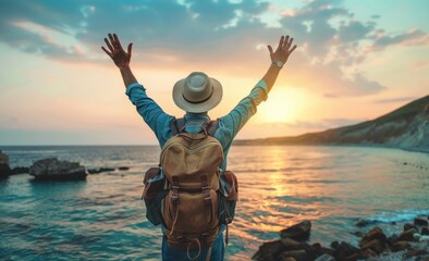 Wall Mural - Back view of a happy traveler man with a backpack and hat raising arms enjoying the sunset on the beach - standing with hands up looking sunrise - Self-care, wellness and healthy lifestyle concept