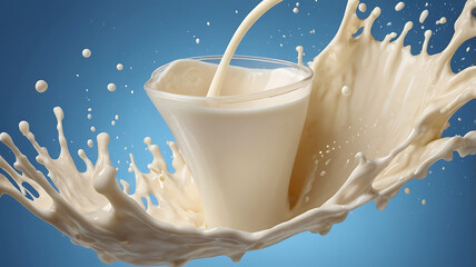 Splattered milk splash on a plain blue background like advertisement, milk flowing and floating, full, skimmed fat dairy products over isolated background as wide commercial banner design with copy sp