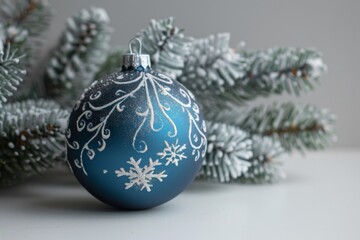 Wall Mural - Blue Christmas Ornament with Snowflakes on Pine Branch