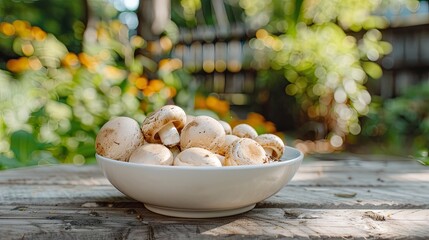 Poster - mushrooms in a white bowl on a wooden table. Selective focus