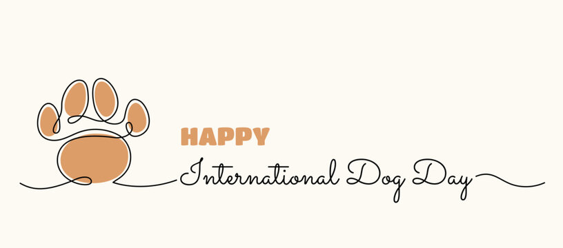 Dog Day minimal banner with one line art abstract paw drawing and hand written style text. International pet holiday background. Vector illustration.