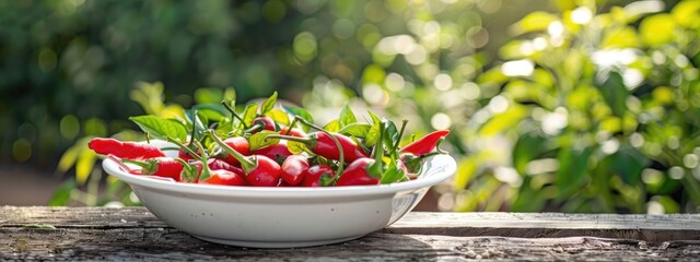 Wall Mural - chili pepper in a bowl in a white bowl on a wooden table. Selective focus