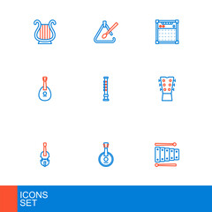 Poster - Set line Xylophone, Banjo, Violin, Guitar neck, Mandolin, Flute, amplifier and Triangle musical instrument icon. Vector