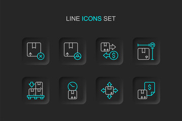 Sticker - Set line Waybill, Carton cardboard box, Cardboard with clock, boxes pallet, measurement, Tax, and icon. Vector