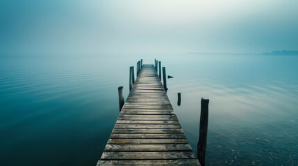  Misty pier disappearing into calm lake