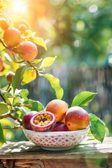 Wall Mural - passion in a bowl in a white bowl on a wooden table. Selective focus