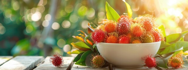 Poster - rambutan in a bowl in a white bowl on a wooden table. Selective focus