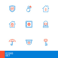 Canvas Print - Set line Old key, Security camera, Umbrella, Ringing alarm bell, House under protection, Safe, and Bomb icon. Vector