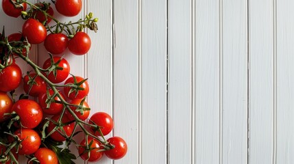Wall Mural - Ripe red tomatoes with foliage displayed on a wooden surface against a white backdrop
