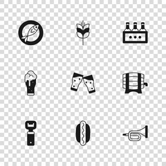 Canvas Print - Set Hotdog sandwich, Wooden barrel on rack, Trumpet, Glass of beer, Pack bottles, Dried fish, Wheat and icon. Vector