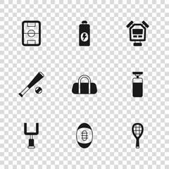 Wall Mural - Set American Football ball, Punching bag, Tennis racket, Sport, Stopwatch, field, Fitness shaker and Baseball bat with icon. Vector