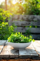 Wall Mural - fresh parsley in a bowl in a white bowl on a wooden table. Selective focus