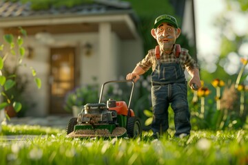 The illustration portrays a gardener standing happily beside his trusty mower, the freshly mowed lawn underfoot a clear sign of his successful endeavor