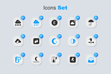 Sticker - Set Lightning bolt, Water drop, Hail cloud, Thermometer, Sunrise, Rooster weather vane, Cloud with rain and Moon and stars icon. Vector