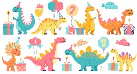 Wall Mural - Cartoon illustration of dinosaurs celebrating their birthday with gifts and inflatable balloons.