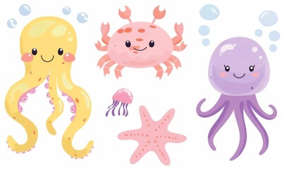 sea animals modern set with octopus, lobster, crab, jellyfish, and starfish. flat design of sea life