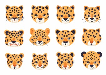 Wall Mural - A set of cheetah emoji icons. Safari animal images. Kawaii leopard emoji smiling happy. Cartoon animals modern signs. Jaguar anime comic style isolated.