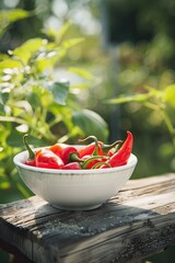 Wall Mural - chili pepper in a bowl in a white bowl on a wooden table. Selective focus