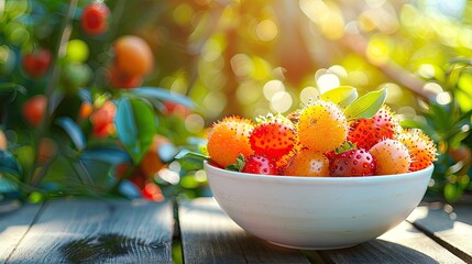 kumquat in a bowl in a white bowl on a wooden table. Selective focus