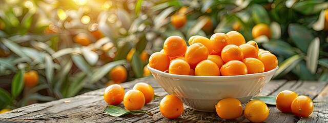 Canvas Print - kumquat in a bowl in a white bowl on a wooden table. Selective focus