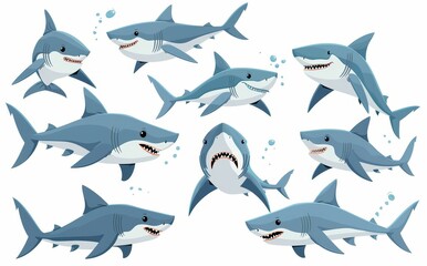 Wall Mural - A funny ocean fish character set featuring shark emotions. A shark fish mascot. Comic style modern character set illustrating wild fish in a comic style.
