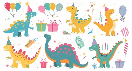 Wall Mural - Cartoon illustration of adorable dinosaurs with present boxes and balloons. Adorable prehistoric animals celebrate a birthday with a set of present boxes and balloons.