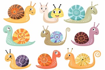 Wall Mural - A set of cartoon snails. Colorful baby snails, icons, sticker and modern graphics
