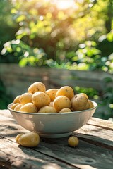 Wall Mural - potatoes in a bowl in a white bowl on a wooden table. Selective focus