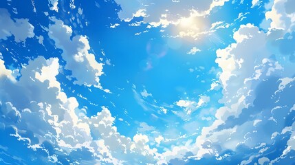 Wall Mural - vibrant blue sky adorned with fluffy white clouds, creating a dynamic and expansive atmosphere anime