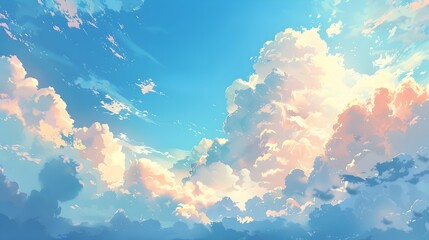 Wall Mural - vibrant blue sky adorned with fluffy white clouds, creating a dynamic and expansive atmosphere anime