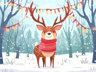 Wall Mural - Funny cute cartoon character for kids. Realistic design. Modern illustration. Flat eps10. Gerland lights on the horns. New Year, Christmas holiday. Winter forest background.