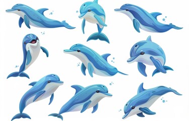 Poster - A set of cartoon bottlenose baby dolphins. Dolphin characters jumping and swimming. Oceanarium mascot underwater animal.