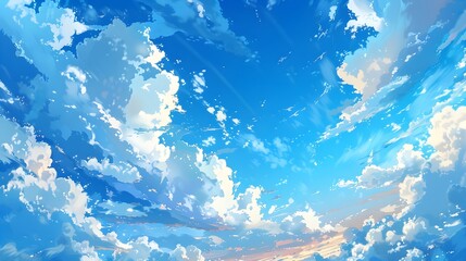 Wall Mural - vibrant blue sky adorned with fluffy white clouds, creating a dynamic and expansive atmosphere anime