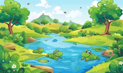 Wall Mural - The illustration shows turtles and frogs playing in the river