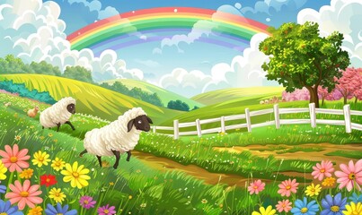 Wall Mural - Cartoon sheep playing in the meadow with a rainbow background