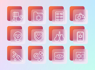 Wall Mural - Set line Ambulance car, Medicine pill or tablet, Lungs, Red eye effect, Immune system, Pills blister pack, Blood pressure and Medical health record folder icon. Vector